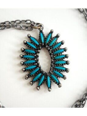Faux Turquoise Southwest Style Silver T Vintage Chainlink 80's Pendant Necklace